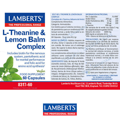 Complejo de L-Teanina 200 mg y Bálsamo de Limón 6000 mg, con ácido pantoténico.