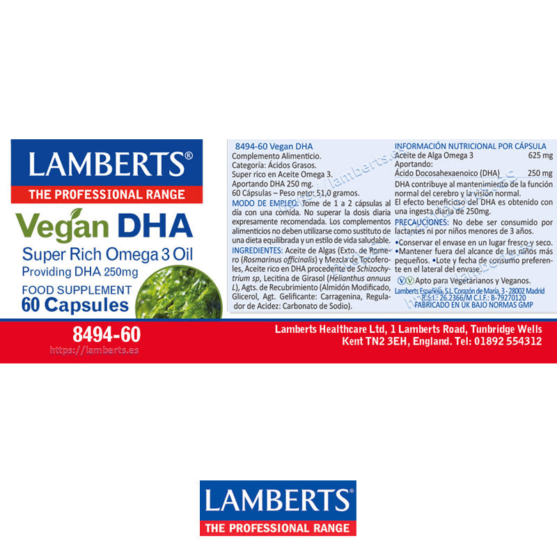 DHA Vegano 250 mg de fuente vegetal. Procedente de aceite de algas muy rico en Omega 3
