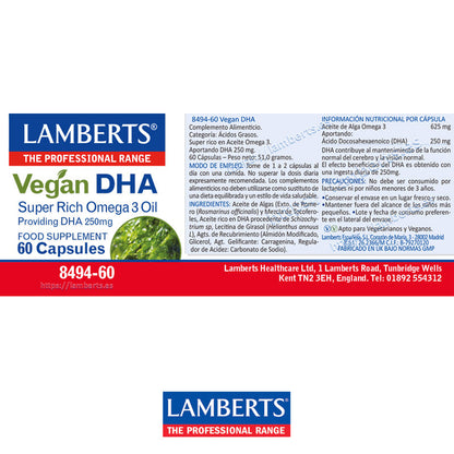 DHA Vegano 250 mg de fuente vegetal. Procedente de aceite de algas muy rico en Omega 3