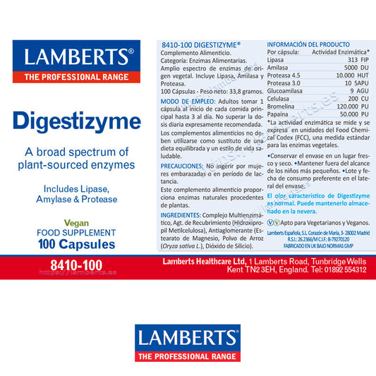 Digestizyme®. Enzimas Digestivas de origen vegetal.
Lipasa, Amilasa, Proteasa, Glucoamilasa, Celulasa, Bromelina, Papaína