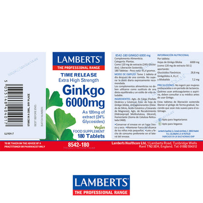 Ginkgo Biloba 6000 mg. Alta concentración en tabletas de liberación sostenida