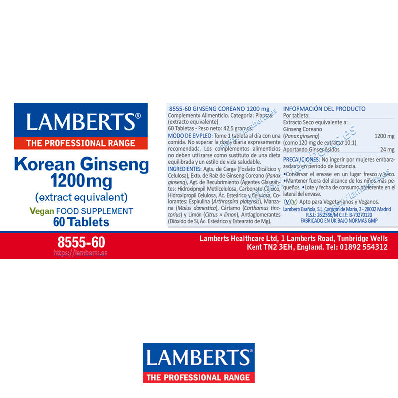 Ginseng Coreano (o Panax Ginseng) 1200 mg
Como 120 mg de extracto con 24 mg de ginsenósidos por tableta
