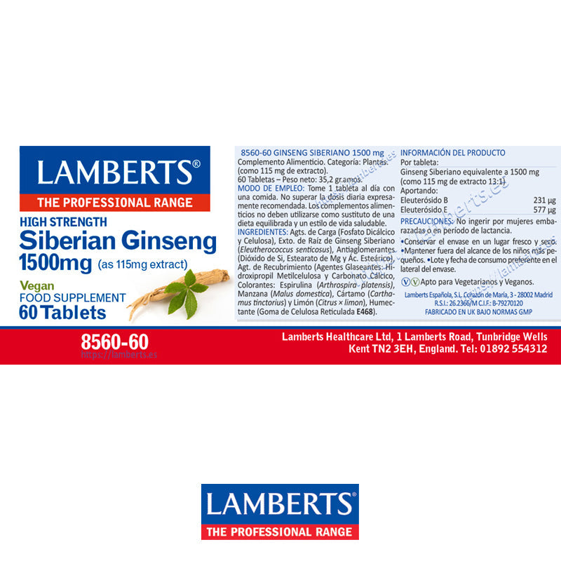 Ginseng Siberiano 1500 mg como extracto estandarizado
Aportando Eleuterósido B 231 μg y Eleuterósido E 577 μg