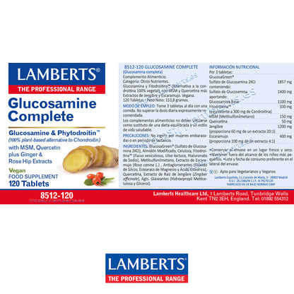 Glucosamina Completa y Fitodroitina™ con MSM y Quercetina más Extractos de Jengibre y Escaramujo. Alternativa a la condroitina, 100% vegetal