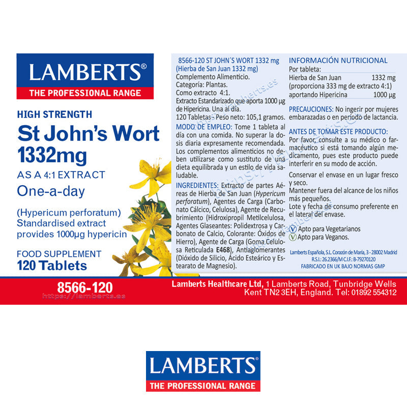Hierba de San Juan 1332 mg
Extracto de Hypericum perforatum aportando 1000 μg de Hipericina