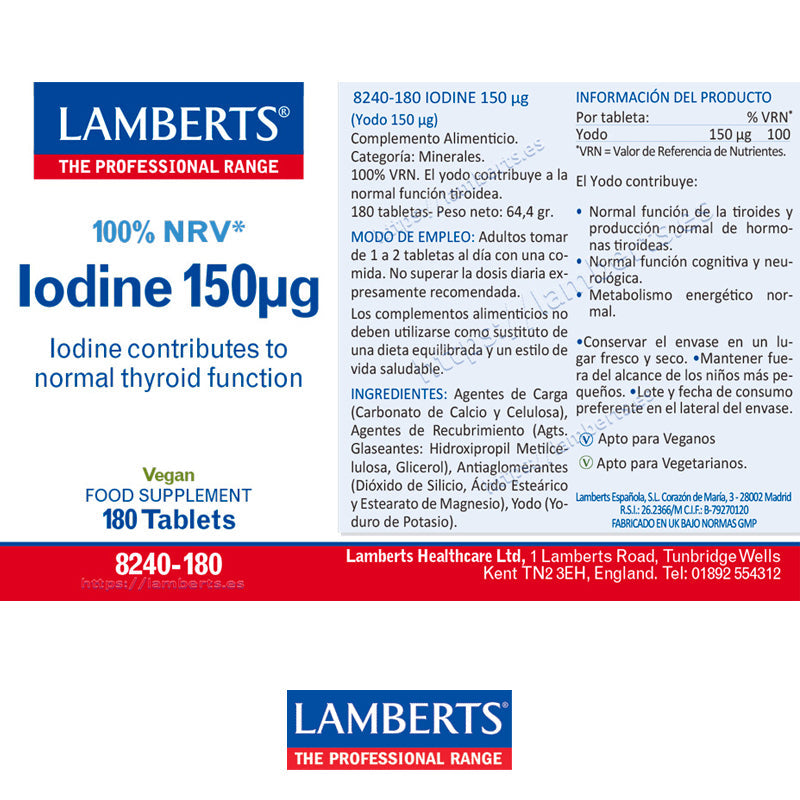 Yodo 150 mcg como Yoduro de Potasio. Ayuda a la función tiroidea y al sistema nervioso.
