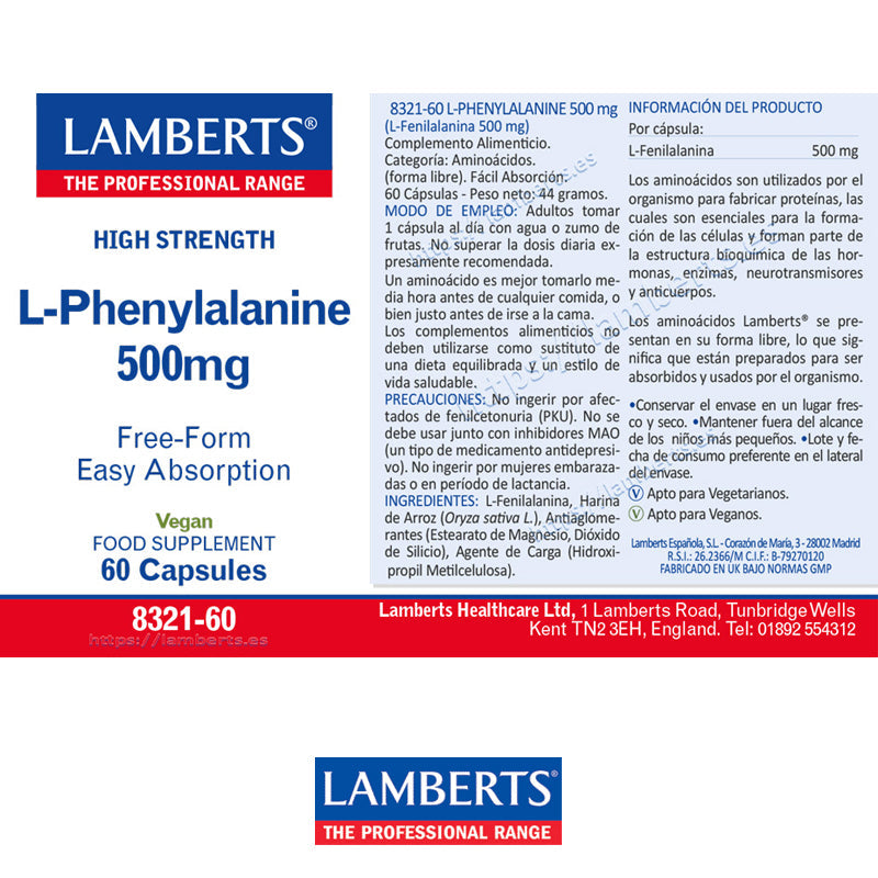 L-Fenilalanina 500 mg en forma libre. Aminoácido esencial natural presente en las proteínas