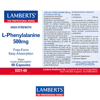 L-Fenilalanina 500 mg en forma libre. Aminoácido esencial natural presente en las proteínas