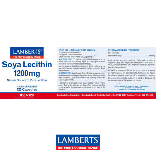 Lecitina de Soja 1200 mg, fuente de Fosfatidil Colina
Fosfolípido con efectos metabólicos y fisiológicos y fuente de colina e inositol