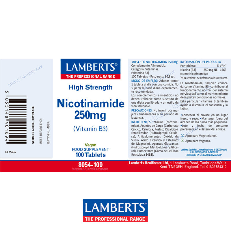 Niacina como Nicotinamida o Vitamina B3 250 mg. Ayuda al mantenimiento de las mucosas, de la piel, y más