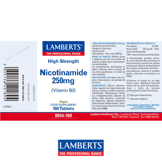 Niacina como Nicotinamida o Vitamina B3 250 mg. Ayuda al mantenimiento de las mucosas, de la piel, y más