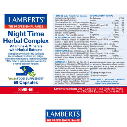 Night Time Herbal Complex. Vitaminas, Minerales, Triptófano y Extractos de Plantas.