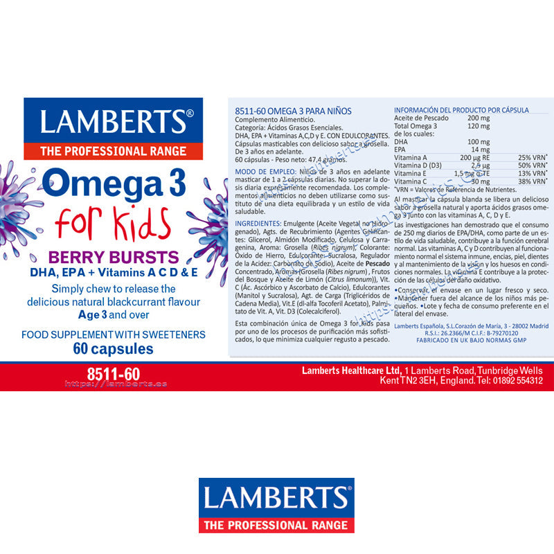 Omega 3 para Niños con DHA 100 mg y EPA 14 mg, más Vitaminas A, C, D y E, con sabor a frutos del bosque