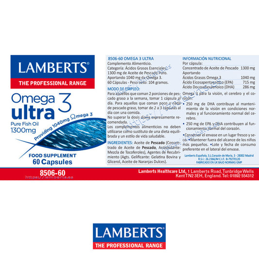Omega 3 Ultra que aporta 1300 mg de Aceite de Pescado Puro. 715 mg de EPA y 286 mg de DHA. Purificado.