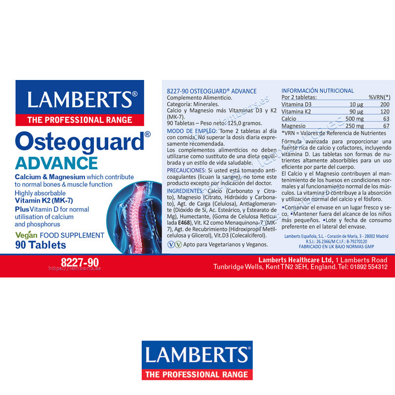 Osteoguard® ADVANCE. Calcio 500 mg, Magnesio 250 mg + Vitaminas D3 10 µg y K2 (MK-7) 90 µg