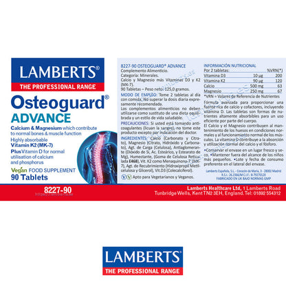Osteoguard® ADVANCE. Calcio 500 mg, Magnesio 250 mg + Vitaminas D3 10 µg y K2 (MK-7) 90 µg