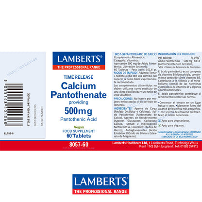 Ácido Pantoténico o Vitamina B5 como Pantotenato de Calcio 500 mg
Liberación Sostenida. Contribuye al rendimiento intelectual normal