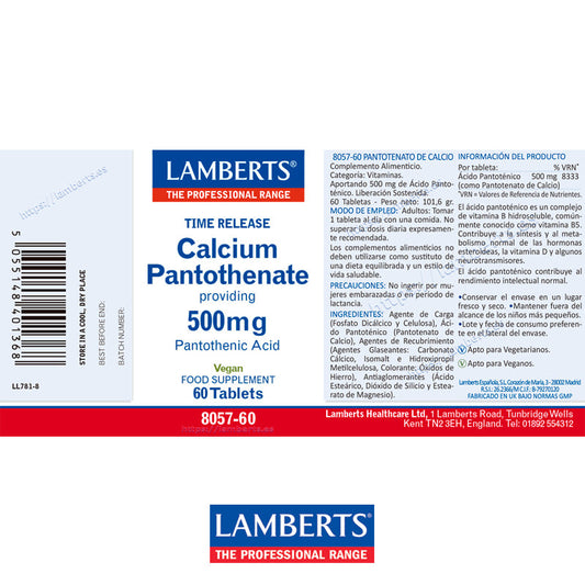 Ácido Pantoténico o Vitamina B5 como Pantotenato de Calcio 500 mg
Liberación Sostenida. Contribuye al rendimiento intelectual normal