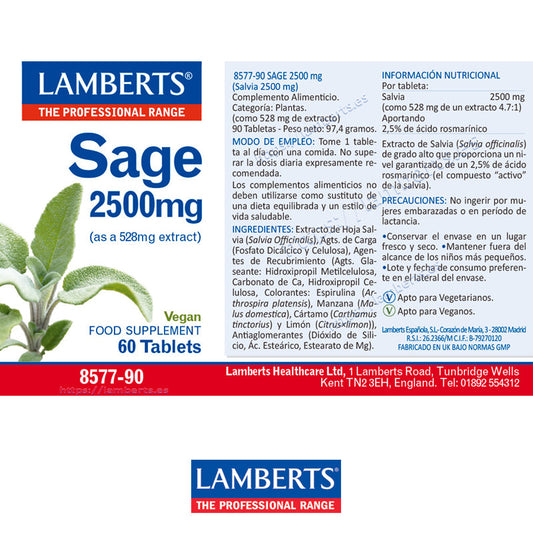 Salvia 2500 mg en extracto. Como 528 mg de Extracto aportando 2,5% de ácido rosmarínico