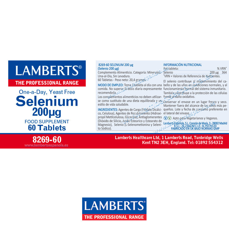 Selenio 200 mcg como L-Selenometionina, la forma orgánica. Apoyo a la espermatogénesis y al sistema inmunitario.