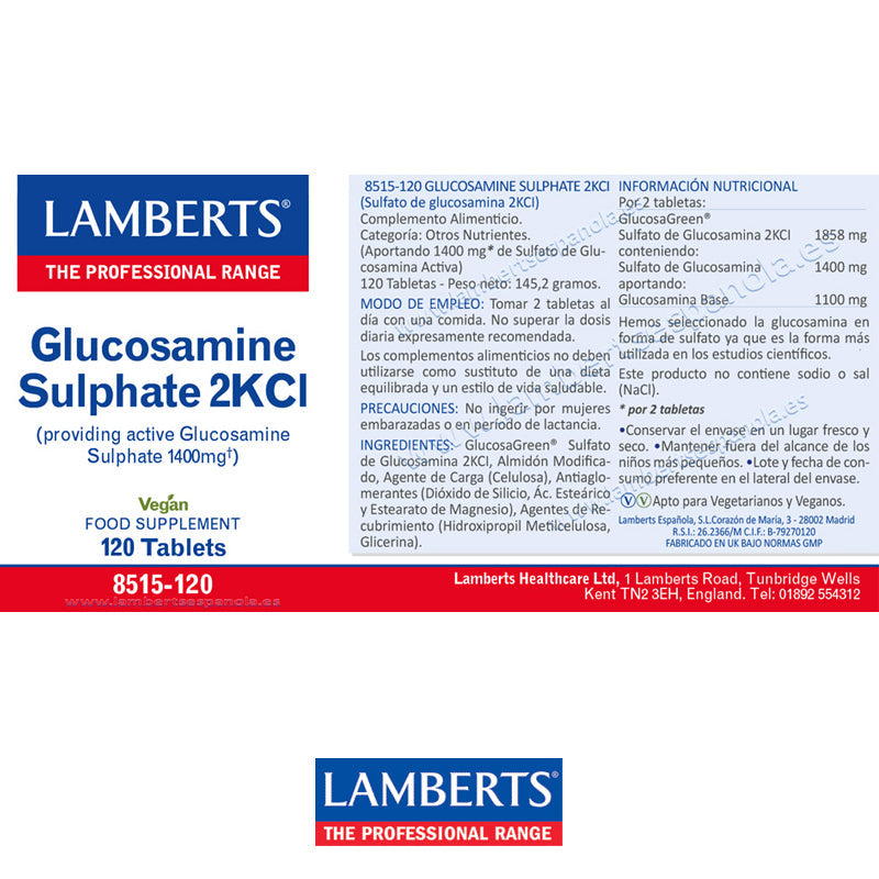 Sulfato de Glucosamina 2KCl. Aportando 1400 mg de Sulfato de Glucosamina activo