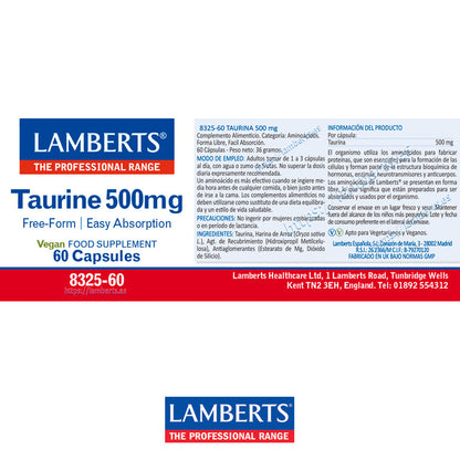 Taurina 500 mg. Forma libre. Aminoácido no esencial. Fácil absorción