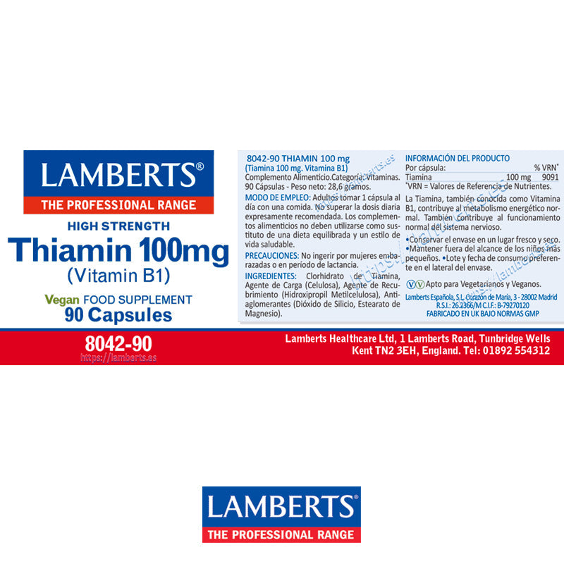 Tiamina o Vitamina B1 100 mg. Apoyo al metabolismo energético normal