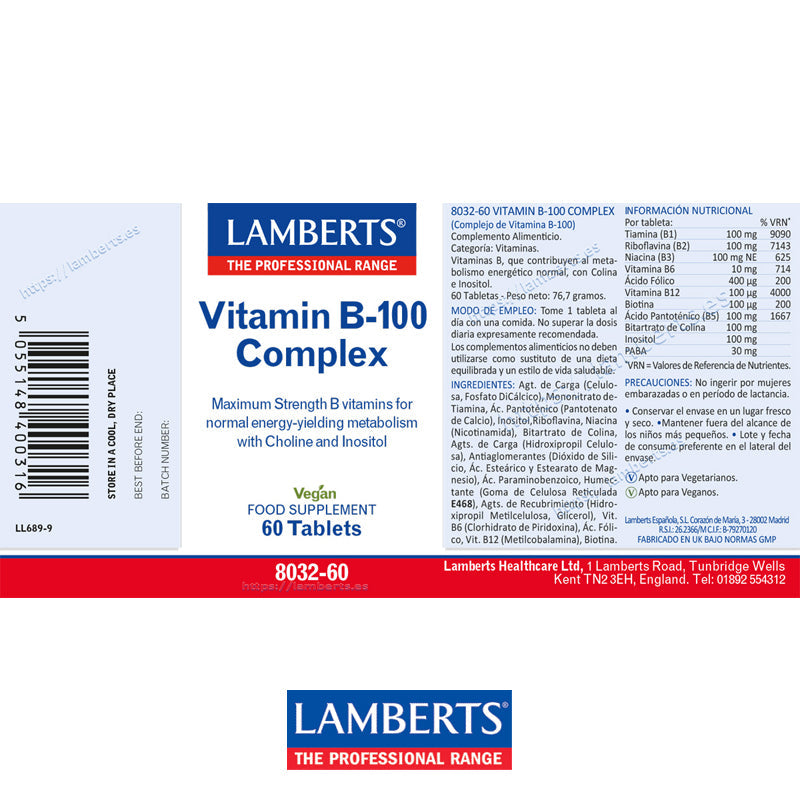 Complejo B-100 mg con todas las vitaminas B. Una al día
Mejora el rendimiento energético. Apoyo al Sistema Inmune y otros