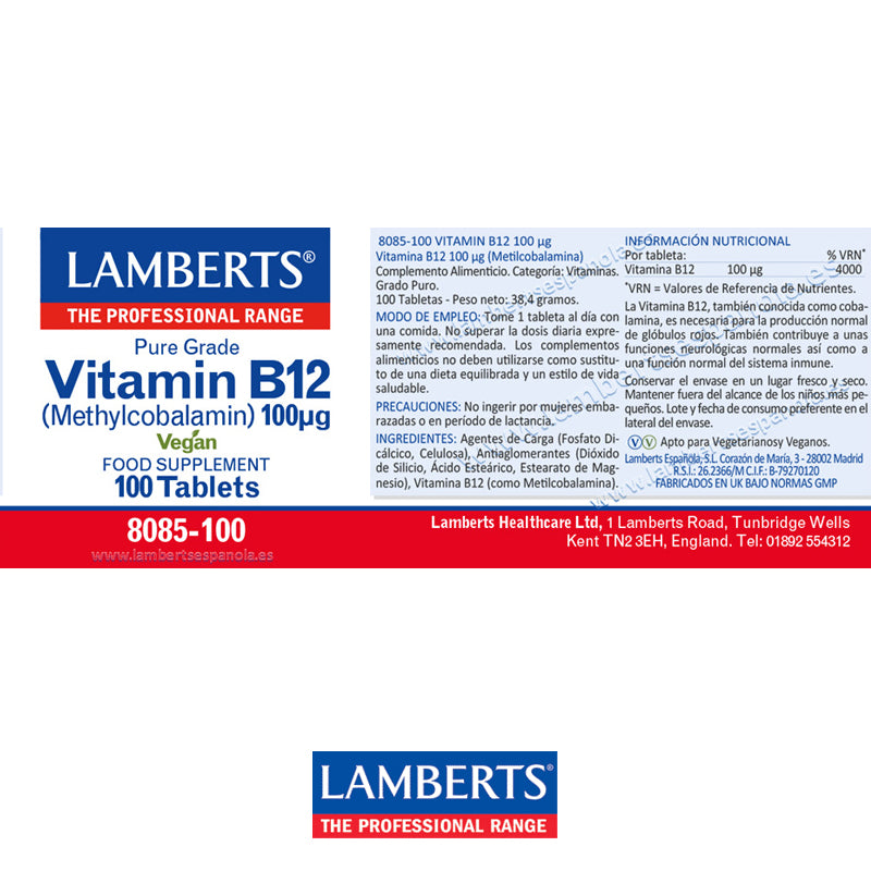 Vitamina B12 100 mcg en forma de Metilcobalamina. Grado puro.
