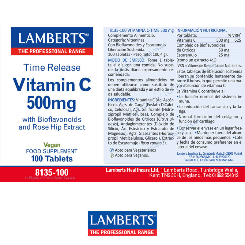 Vitamina C 500 mg. Liberación Sostenida. Con Bioflavonoides y Escaramujo