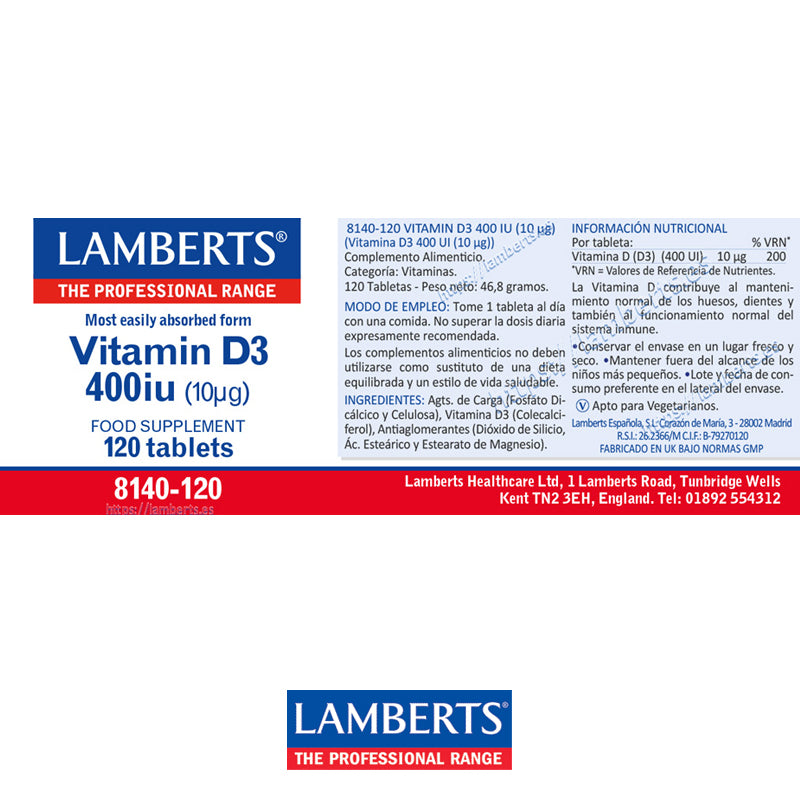 Vitamina D3, 400 UI (10 mcg). Contribuye al funcionamiento normal del sistema inmunitario.