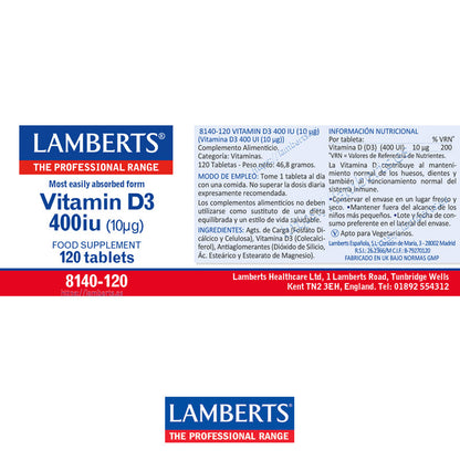 Vitamina D3, 400 UI (10 mcg). Contribuye al funcionamiento normal del sistema inmunitario.