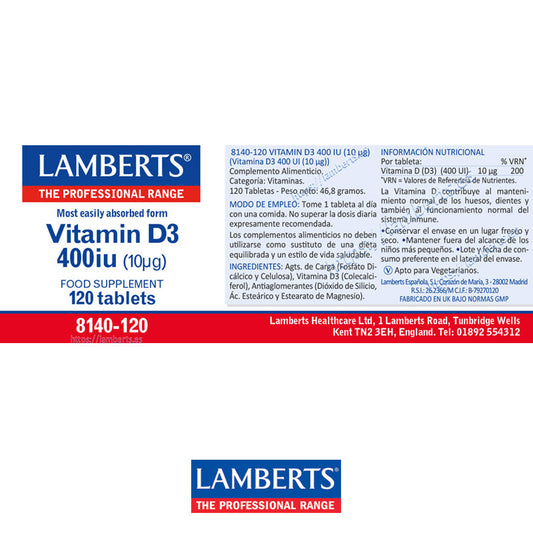 Vitamina D3, 400 UI (10 mcg). Contribuye al funcionamiento normal del sistema inmunitario.