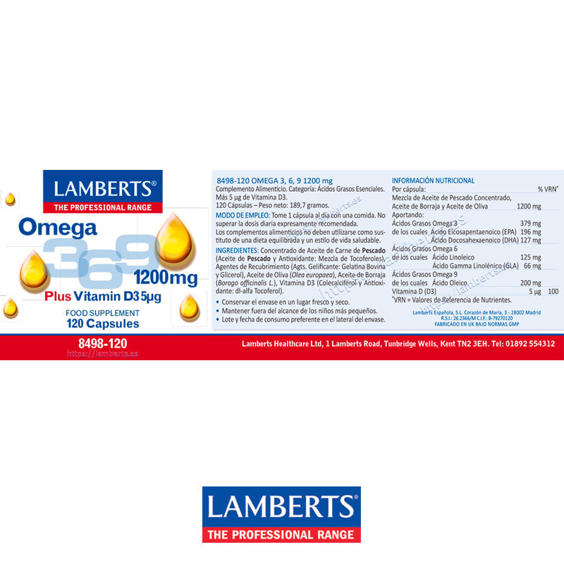 Ácidos Grasos Omega 3,6,9 1200 mg con vitamina D3
Función normal del cerebro, del corazón y ayuda al mantenimiento de la visión