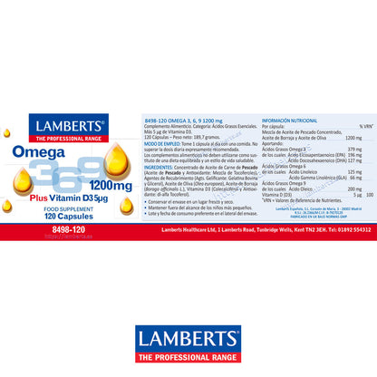 Ácidos Grasos Omega 3,6,9 1200 mg con vitamina D3
Función normal del cerebro, del corazón y ayuda al mantenimiento de la visión