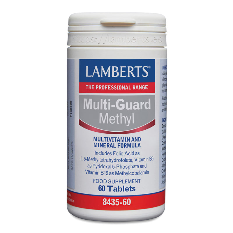 Multi-Guard® Metil. Sin Calcio. 
Folato como Metilfolato, Vitamina B6 como Piridoxal 5-Fosfato y Vitamina B12 como Metilcobalamina