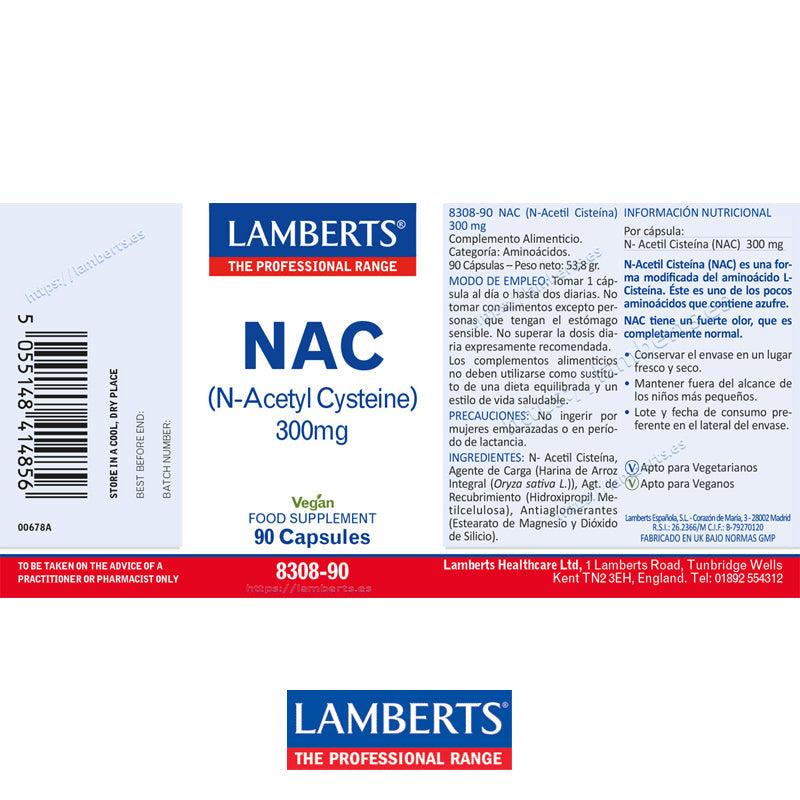 NAC (N-Acetil Cisteína) 300 mg, Aminoácido no esencial.
Forma modificada del aminoácido L-Cisteína