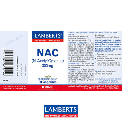 NAC (N-Acetil Cisteína) 300 mg, Aminoácido no esencial.
Forma modificada del aminoácido L-Cisteína