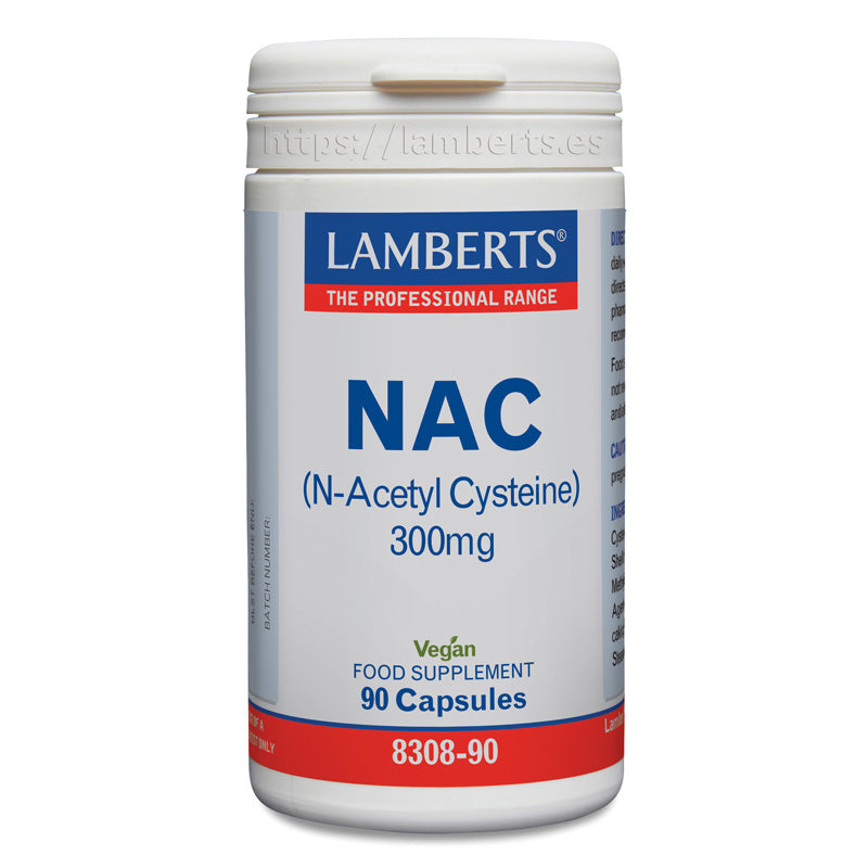 NAC (N-Acetil Cisteína) 300 mg, Aminoácido no esencial.
Forma modificada del aminoácido L-Cisteína
