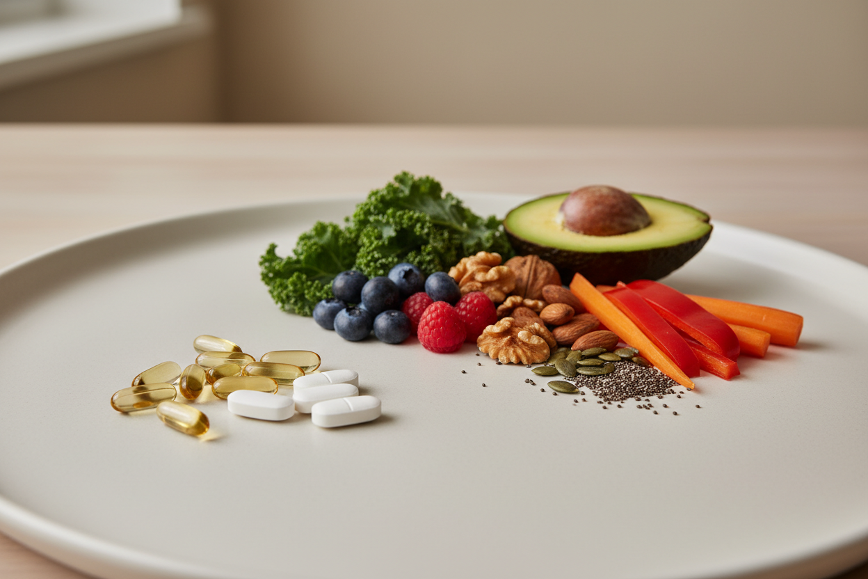 suplemento alimentación apto para vegetarianos, alguna pastilla junto con algun producto de alimentación natural ,pero sin potes, ni marcas visibles