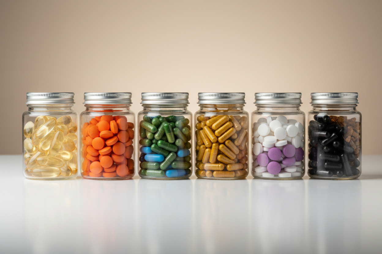 VARIOS POTES TRANSPARENTES SIN NIGUNA ETIQUETA DE PASTILLAS DIFERENTES COLOCADOS UNO AL LADO DE OTRO