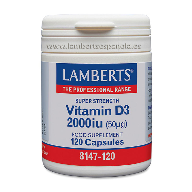 Vitamina D3, colecalciferol 2000 UI (50 µg). Esencial para los huesos, dientes y sistema inmune.